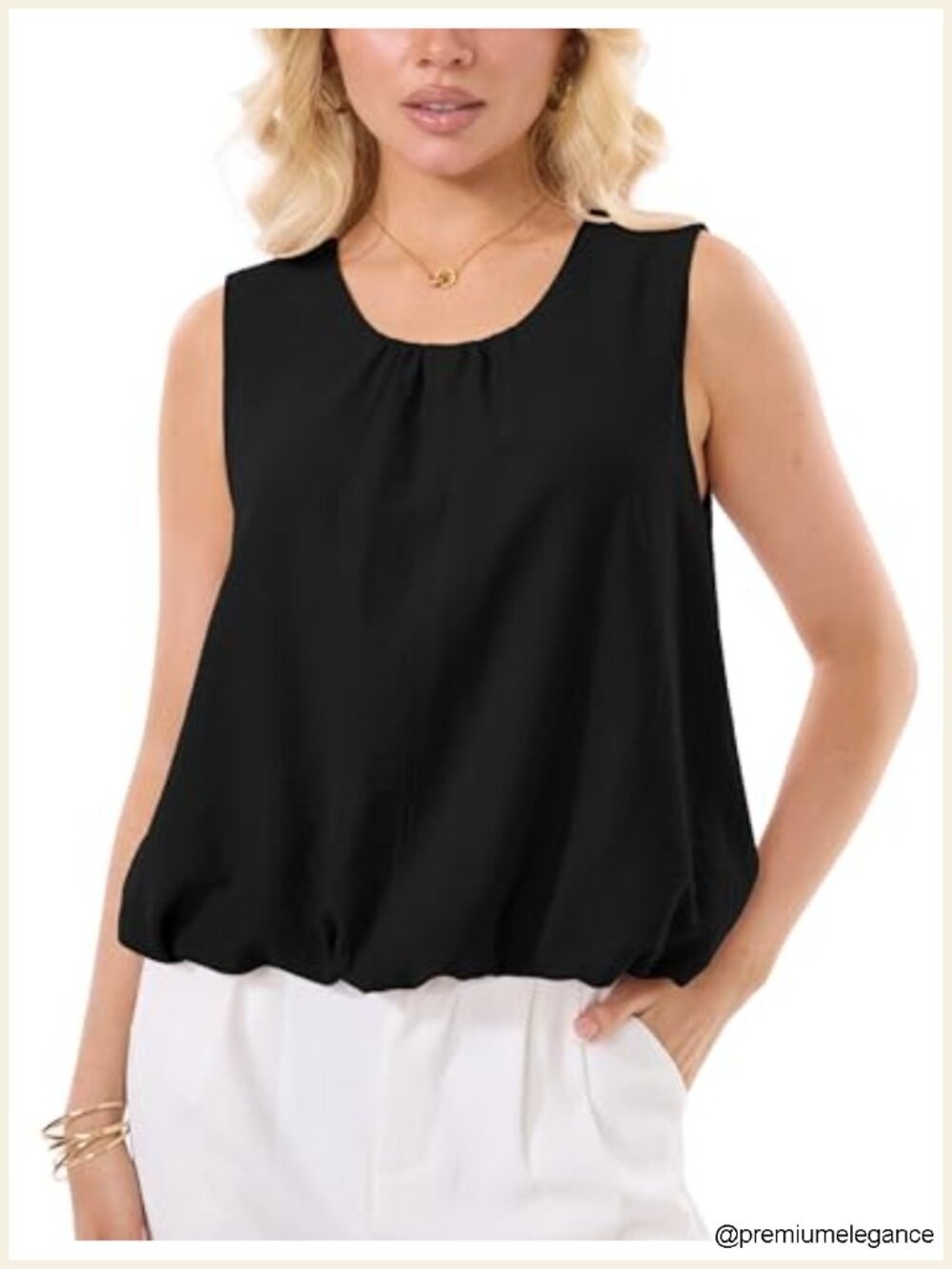Women's Bubble Hem Tank Top Loose Pleated Round Neck Sleeveless Blouse Summer